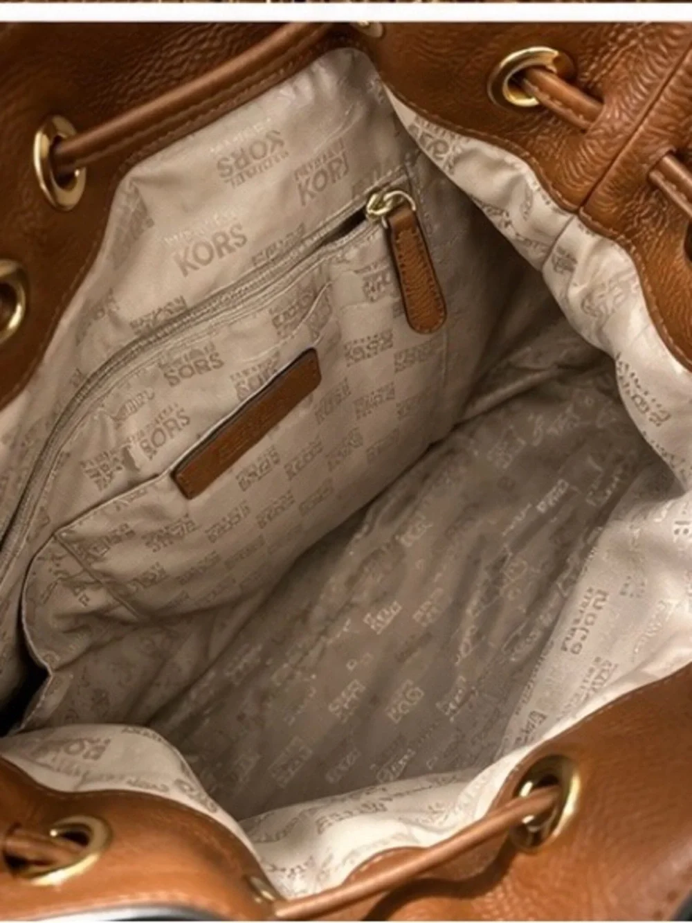 Michael Kors Cognac Brown Pebbled Leather Drawstring Tassel Tote Bag